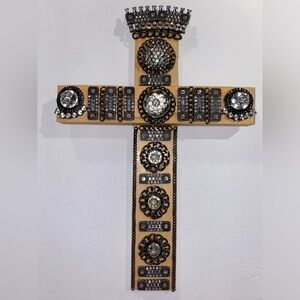Artisanal Wood Cross w/ Repurposed Jewelry Deco of Silver & Rhinestones